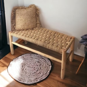 Handmade Solid wooden bench, vintage and straw bench, handcrafted chair, Bench in solid wood and natural weaving, woden bench