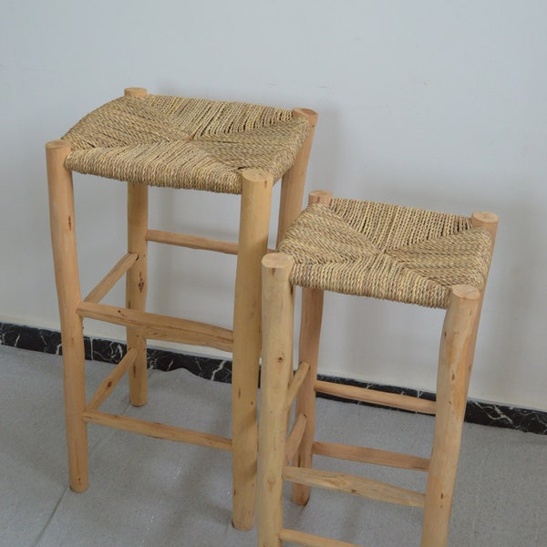 Handmade vintage  wood and straw stool, handcrafted chair, braid straw stool, vintage berber stool woden bench