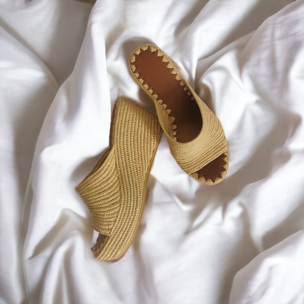 Moroccan raffia sandals, Women's Raffia mules, Handmade Raffia slippers, Raffia sandals for women