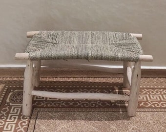 Handmade Solid wooden bench,  vintage and straw banquette, handcrafted chair, Bench in solid wood and natural weaving, woden bench