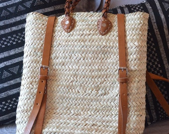 Moroccan handmade Straw Beach bag with leather strap, Hipster backpack, Straw backpack, boho backpack,