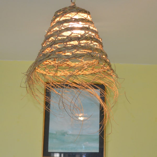 handmade straw suspension, natural boho, open fixure " handwoven rattan  wall hanging moroccan lamp shade, woven eco lampshade