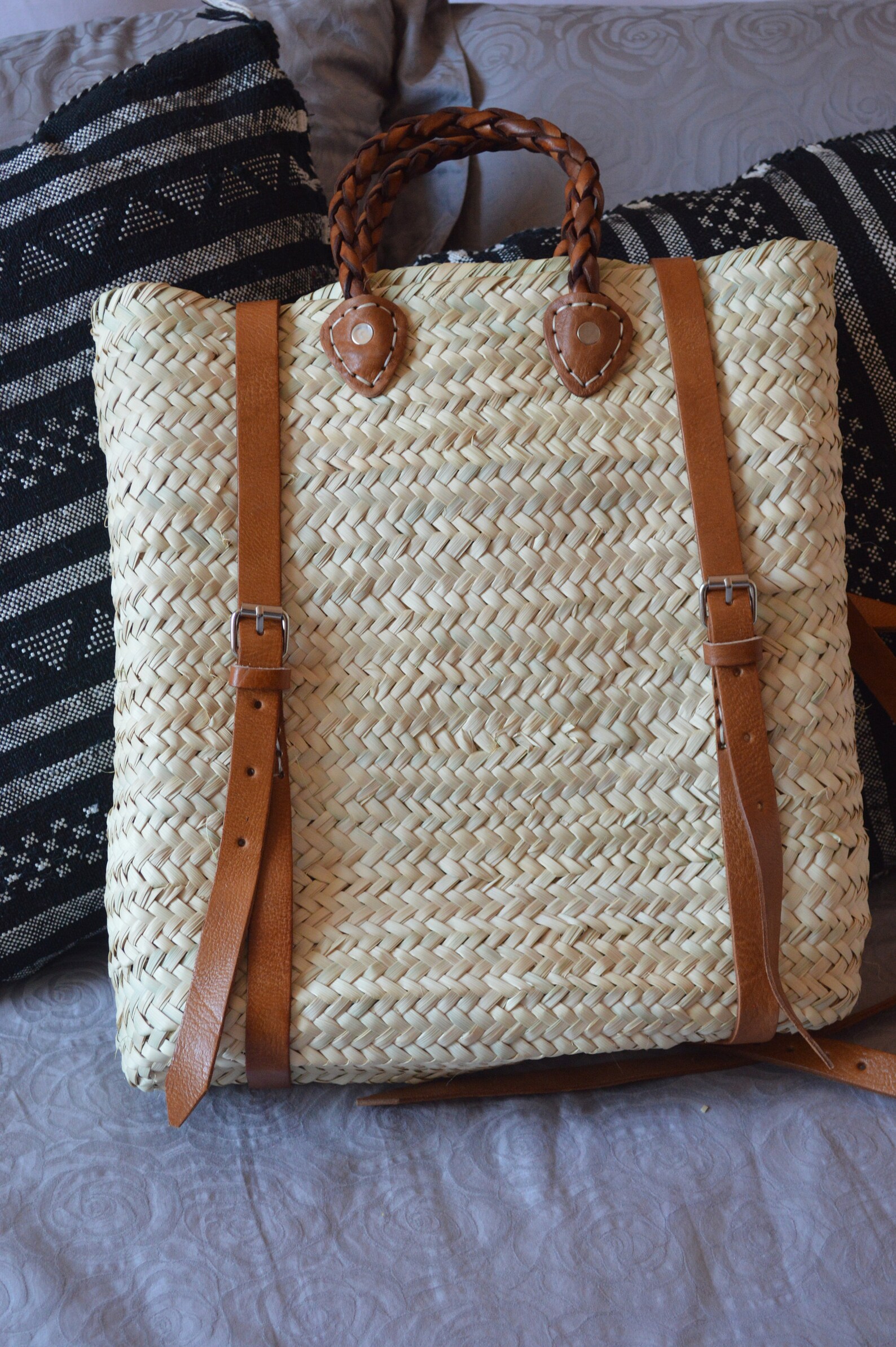 Moroccan handmade Straw Beach bag with leather strap Hipster | Etsy