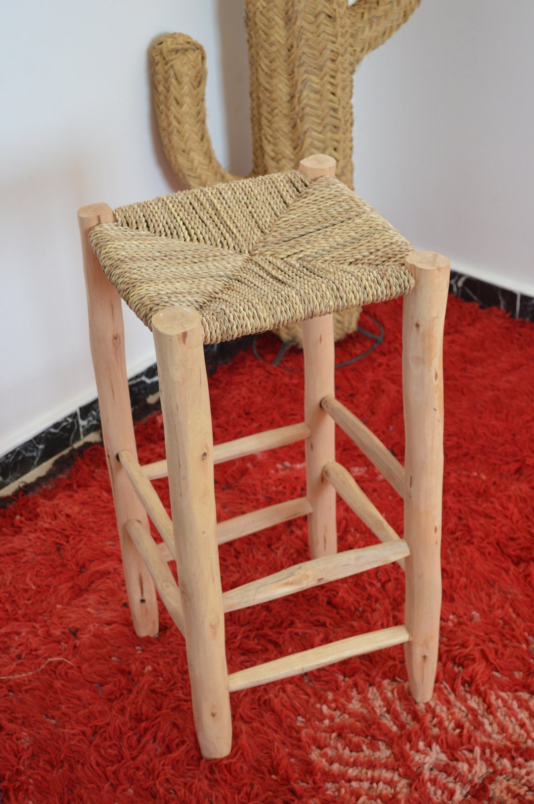 Rattan Bar Stools Handcrafted Chair, Braid Straw Stool, Vintage Berber
