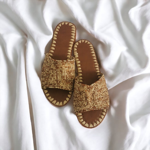Raffia mules Sandals for womens, Handmade shoes, Moroccan Sandals, Natural Raffia sandals