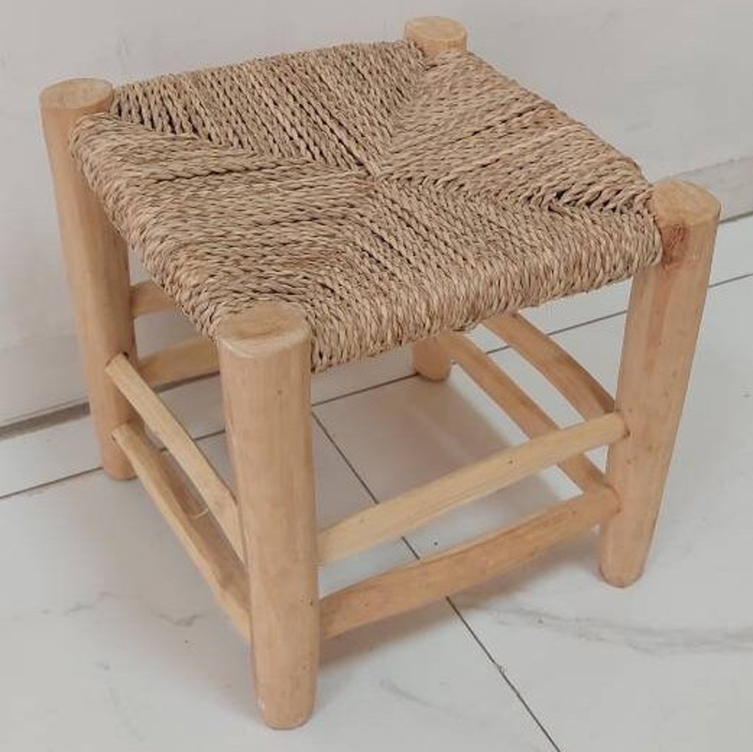 Handmade Vintage Wood and Straw Stool, Handcrafted Chair, Braid Straw Stool, Vintage Berber