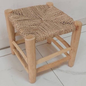 Handmade vintage wood and straw stool, handcrafted chair, braid straw stool, vintage berber stool woden bench