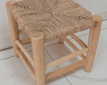 Handmade vintage wood and straw stool, handcrafted chair, braid straw stool, vintage berber stool woden bench