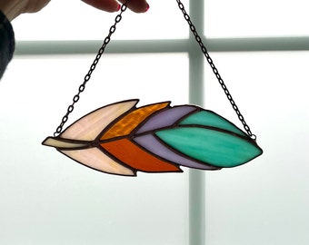 Hand Crafted Colorful Stained Glass Feather with Copper, Rainbow Feather Stained Glass Suncatcher