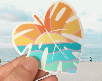 Summer Sunrise Monstera Leaf Vinyl Sticker, Waterproof Tropical Sunset Water Bottle Sticker