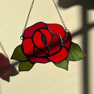 Red Rose Stained Glass Suncatcher, Rose Window Hanging