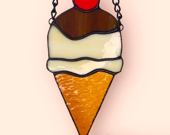 Ice Cream Cone Stained Glass Suncatcher, Ice Cream Sundae Waffle Cone with Cherry on Top Stained Glass Art