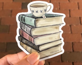 Book Stack with Tea Sticker, Vintage book sticker, tea sticker, bookworm sticker, book and tea lover sticker, Book lover decal