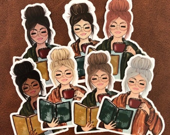 Cozy Girl with Book and Coffee Vinyl sticker, Choose from 7 color options, Cute girl, messy bun and sweater, glasses illustration sticker