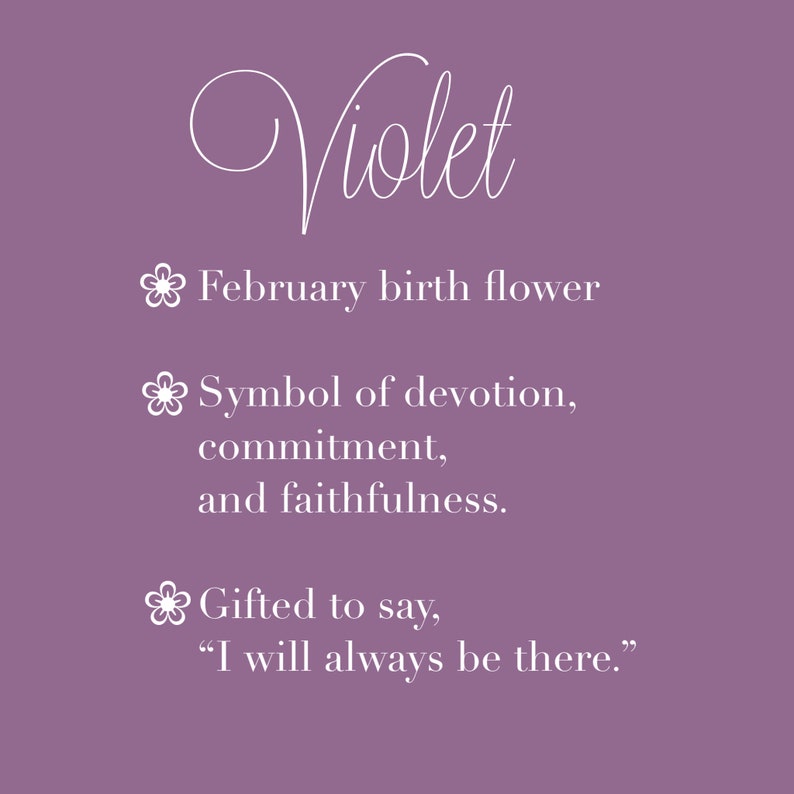 May include: A purple background with white text that says "Violet" and includes information about the violet flower being the February birth flower, a symbol of devotion, commitment, and faithfulness, and gifted to say "I will always be there."