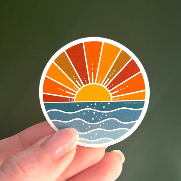 Ocean Sunset 2” Circle Sticker, Small Sunrise Beach Waterproof Sticker