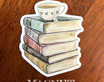 Book Stack with Tea MAGNET, Vintage Book Magnet, tea magnet, bookworm magnet, book and tea lover magnet, Book lover magnet, academia magnet