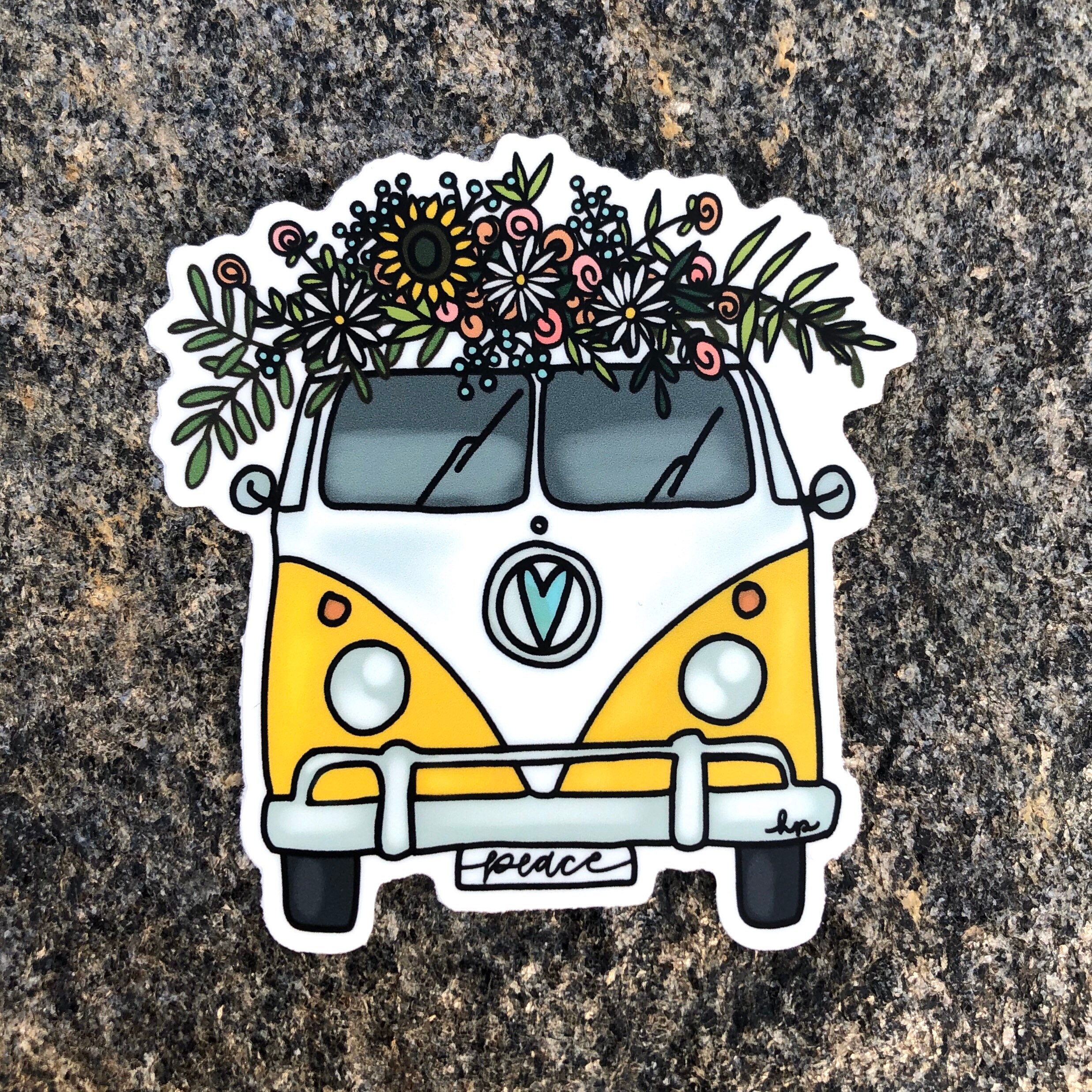 Yellow Retro Van with Wildflowers Sticker, Vintage Hippie Bus with Su…