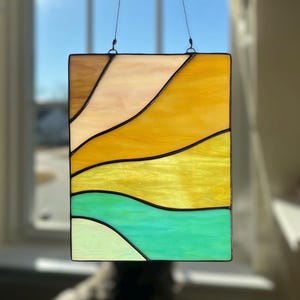 Abstract Stained Glass Rectangle Panel, Opal Glass Suncatcher Window Art