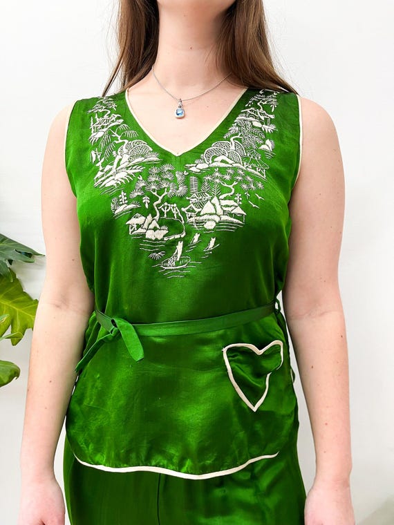 1930s Vintage Emerald Green Embroidered Beach Paj… - image 6