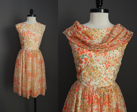 1950s 1960s Orange and Yellow Floral Dress with Ma