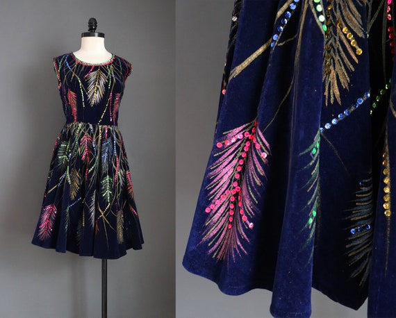 SALE! 1950s Rare Vintage Dark Blue Velvet Hand Pai