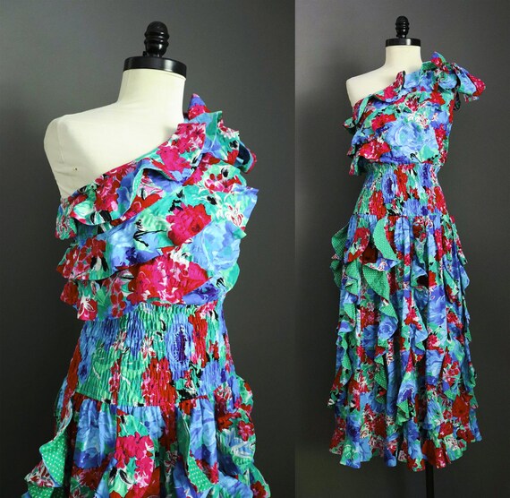 1980s Diane Frés One Shoulder Ruffle Floral and Po