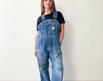 1930s - 1940s Vintage Pioneer Denim Patched Up Thrashed Overalls
