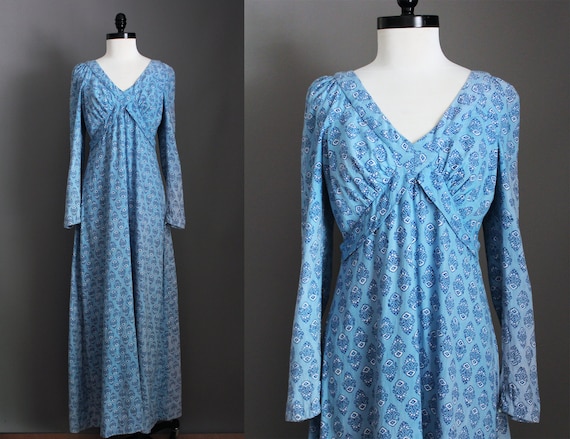1970s Vintage Blue Hued Indian Cotton Dress / 70s