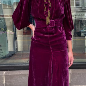 1920s Vintage Plum Silk Velvet Dress with Brass Tassles