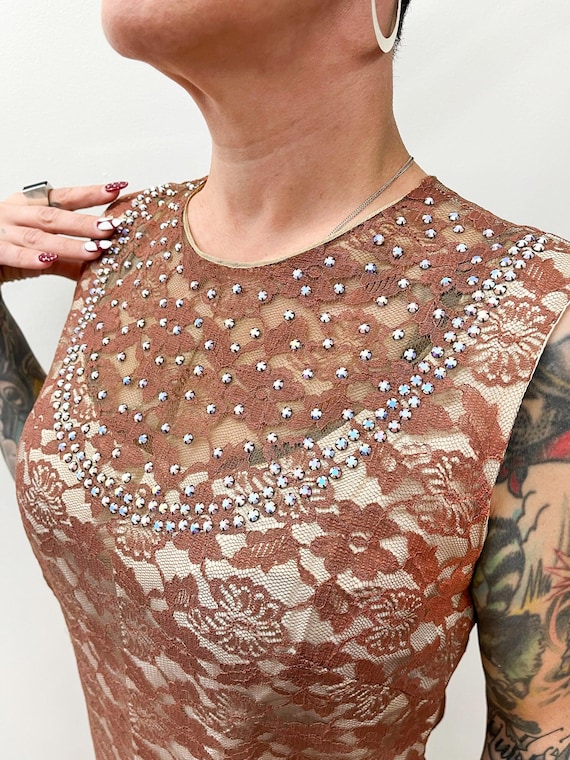 1960s Vintage Dusty Rose Lace Mod Shift Dress with Sequin Bib