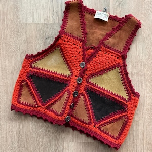 1970s Vintage Red and Orange Knitted Suede Patchwork Vest