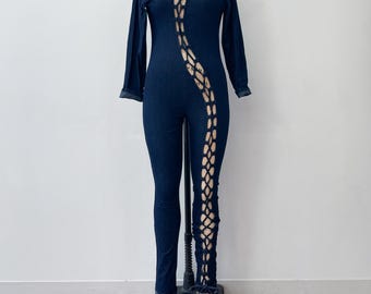 2000s Y2K Sexy Stretchy Lace Up Dark Denim Jumpsuit