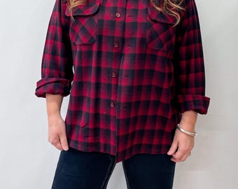 1950s Vintage Pendleton Red Shadow Plaid Flannel Button Down