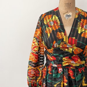 1970s Vintage Saks Fifth Avenue Wild Dark Florals Ribbon Gown