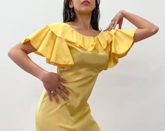 Vestido vintage de rayón crepé con corte al bies, mangas onduladas, color amarillo ranúnculo antiguo, de los años 30