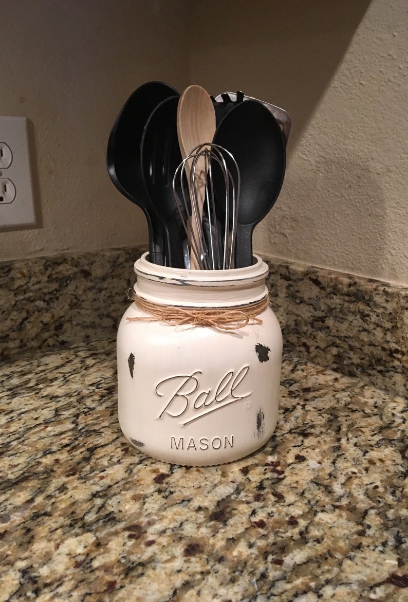 Kitchen Utensil Holder Storage Kitchen Storage Painted Mason Jars Mason Jar Utensil Holder Utensil Holder Mason Jar Decor Mason Jar