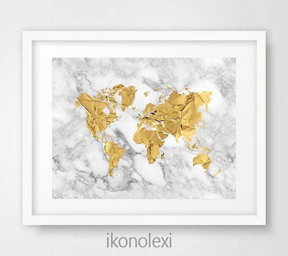 White and gold environment map printable artwork, map silhouette, gold foil photo regarding Silhouette Printable Gold Foil titled White and gold world wide map printable artwork, map silhouette, gold foil