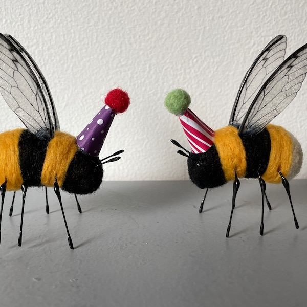 Ooak needle felted bumble bee with party hat