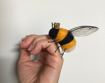 Ooak needle felted bumble bee with gold fabric handmade crown