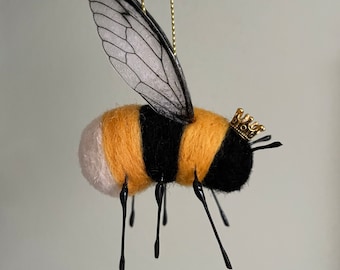 Ooak needle felted bumble bee with gold metal crown