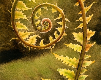 May include: Watercolor painting of a fern frond unfurling in a spiral. The stem is brown, and the leaves are yellow-green. The background is a dark, muted green.