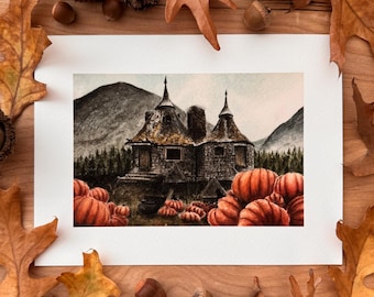 Hagrid’s Hut, forest, pumpkin patch, watercolor print, stone house print, fine art print, 4x6, 5x7.