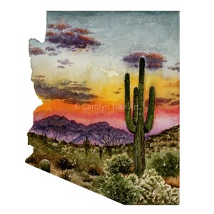 Arizona state watercolor print, state print, desert art, watercolor desert, Arizona print, fine art print, 8x10.