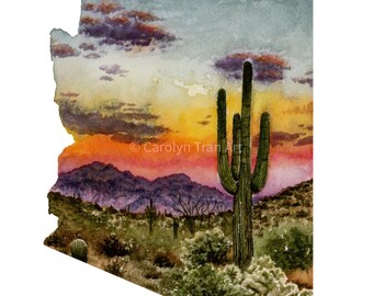 Arizona state watercolor print, state print, desert art, watercolor desert, Arizona print, fine art print, 8x10.