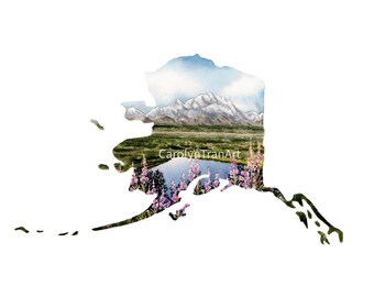 Alaska state print, Alaska watercolor giclee print, 5x7, 8x10.