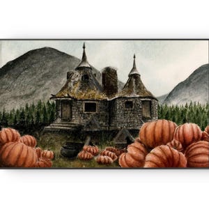 May include: A watercolor painting of a stone cottage with two pointed roofs, situated in front of a forest and mountains. The foreground features a large collection of orange pumpkins and a black cauldron, all rendered in muted, earthy tones.