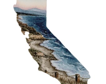 California state watercolor print, state print, San Diego, cliff side, watercolor print, California print, fine art print, 5x7, 8x10.