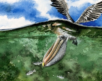 May include: A watercolor painting of a brown pelican diving into the water with its beak open, catching fish. The pelican is in mid-air with its wings spread out. The water is a vibrant green color, and the sky is blue with white clouds.