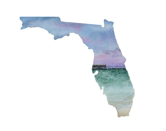 Florida state watercolor print, state print, beach, seascape, watercolor print, Florida print, fine art print, 7 x 5.